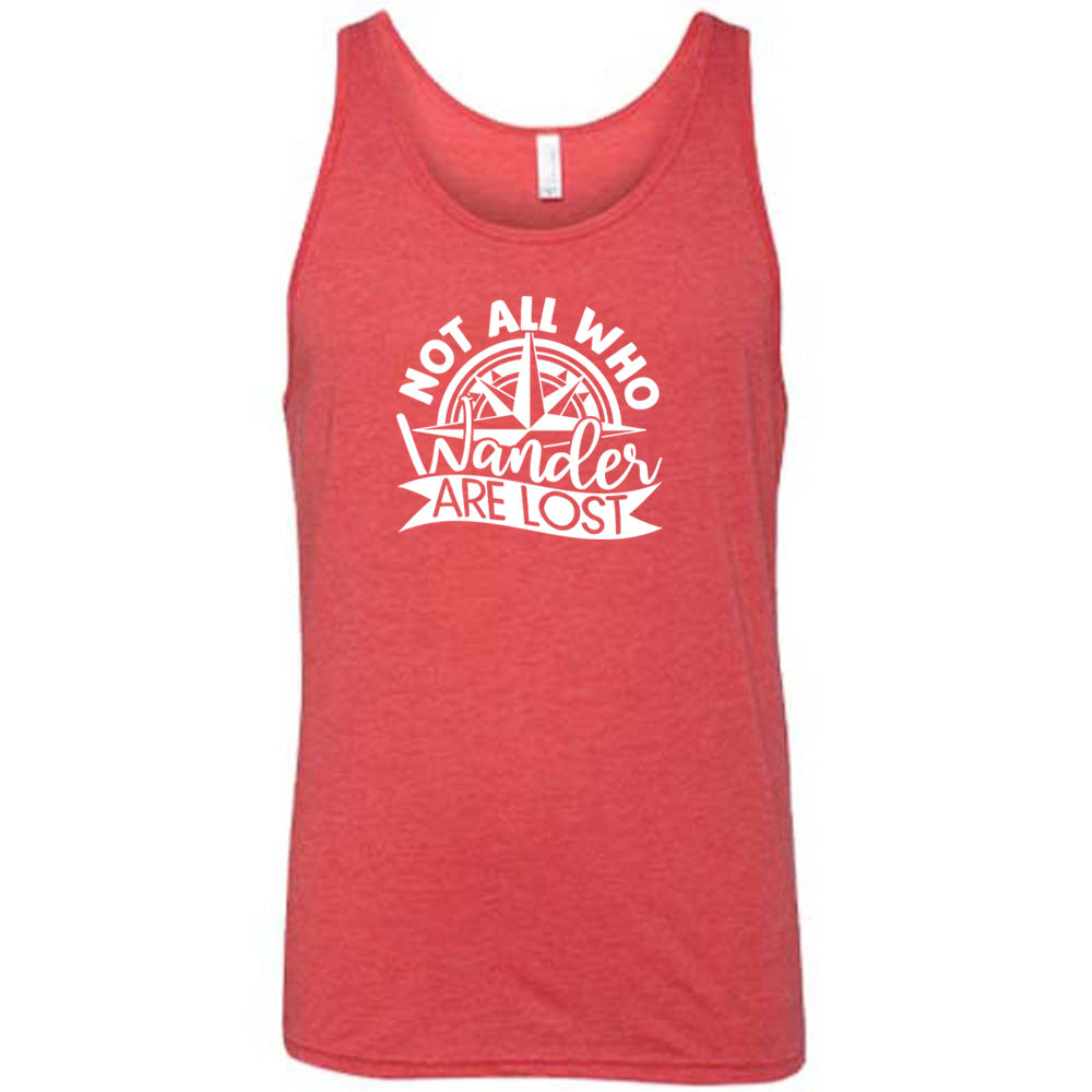 Red colored tank with a compass graphic on it that says "Not All Who Wander Are Lost"