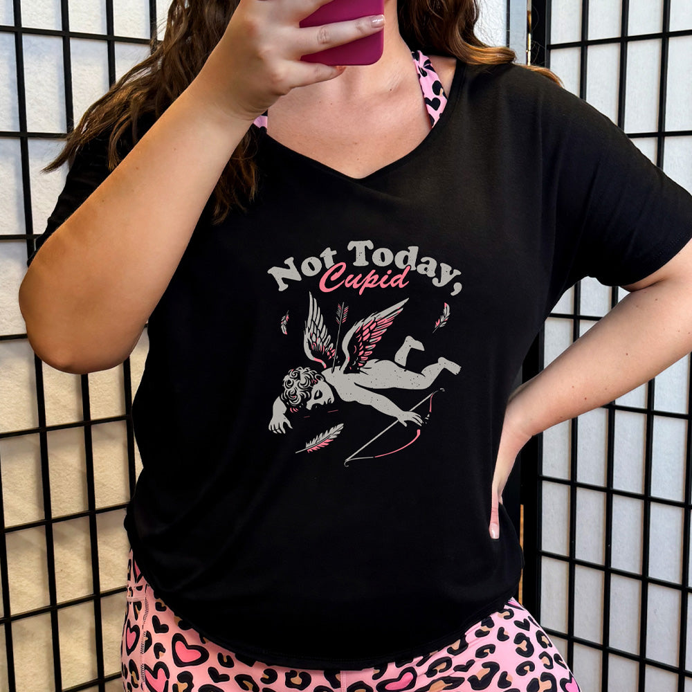 black slouchy shirt with the text "Not Today, Cupid" on it