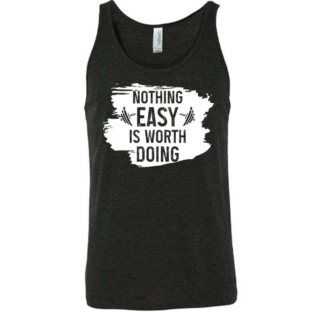 Black Unisex Tank, with wording Nothing Easy is Worth Doing, lettering is color of shirt with barbells all over a white patch