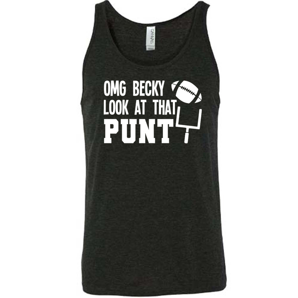 Black colored tank with football and goalpost graphic on it that says "OMG Becky Look At That Punt"