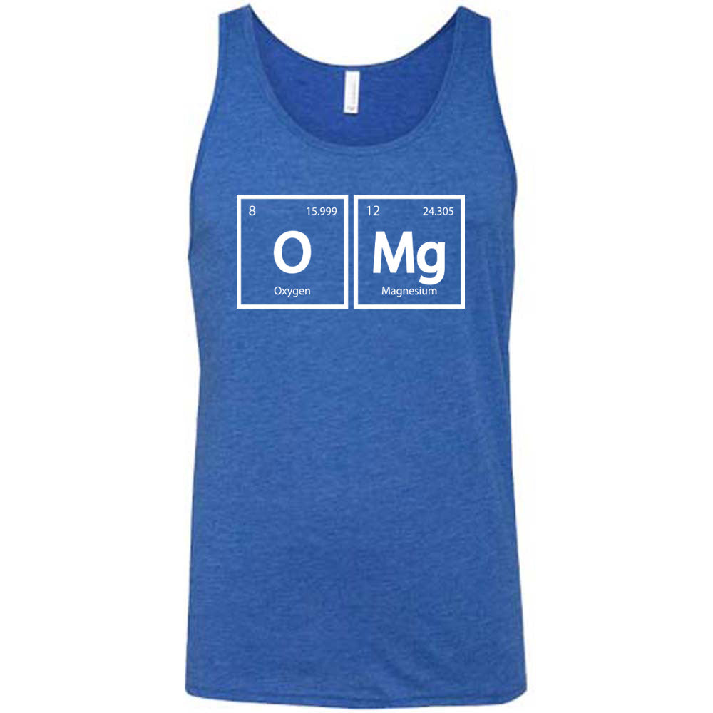 Blue colored tank with periodic table graphic on it that says "OMG"