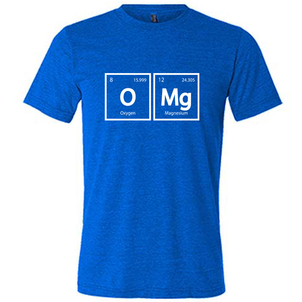 Blue colored shirt with periodic table graphic on it that says "OMG"