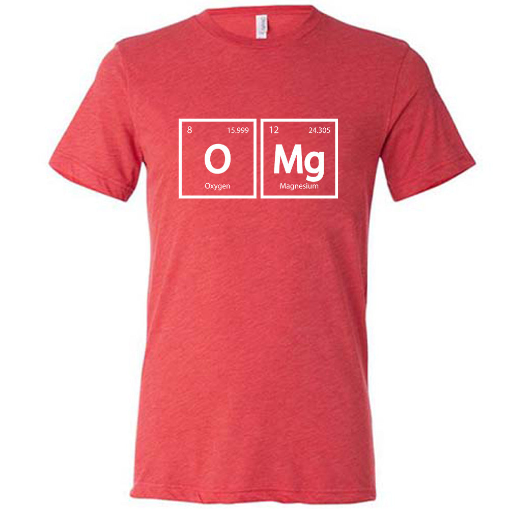 Red colored shirt with periodic table graphic on it that says "OMG"