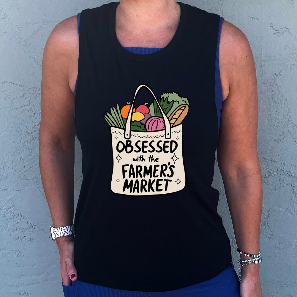 black muscle tank with the text "Obsessed With The Farmer's Market" on it