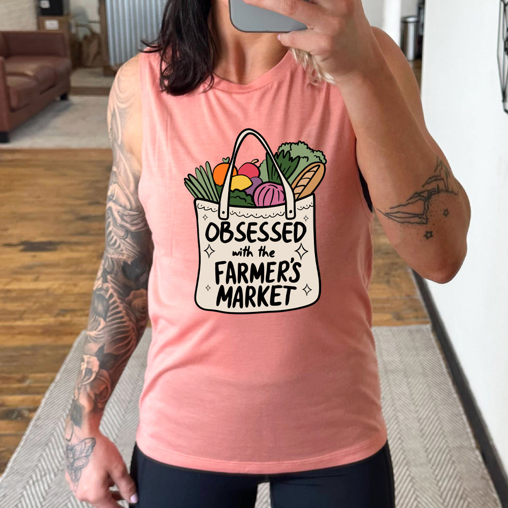 peach muscle tank with the text "Obsessed With The Farmer's Market" on it