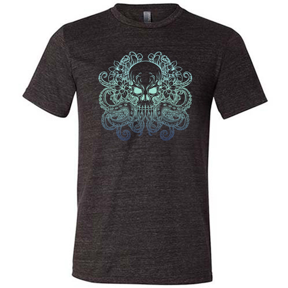 Black colored shirt with a octopus skull graphic on it