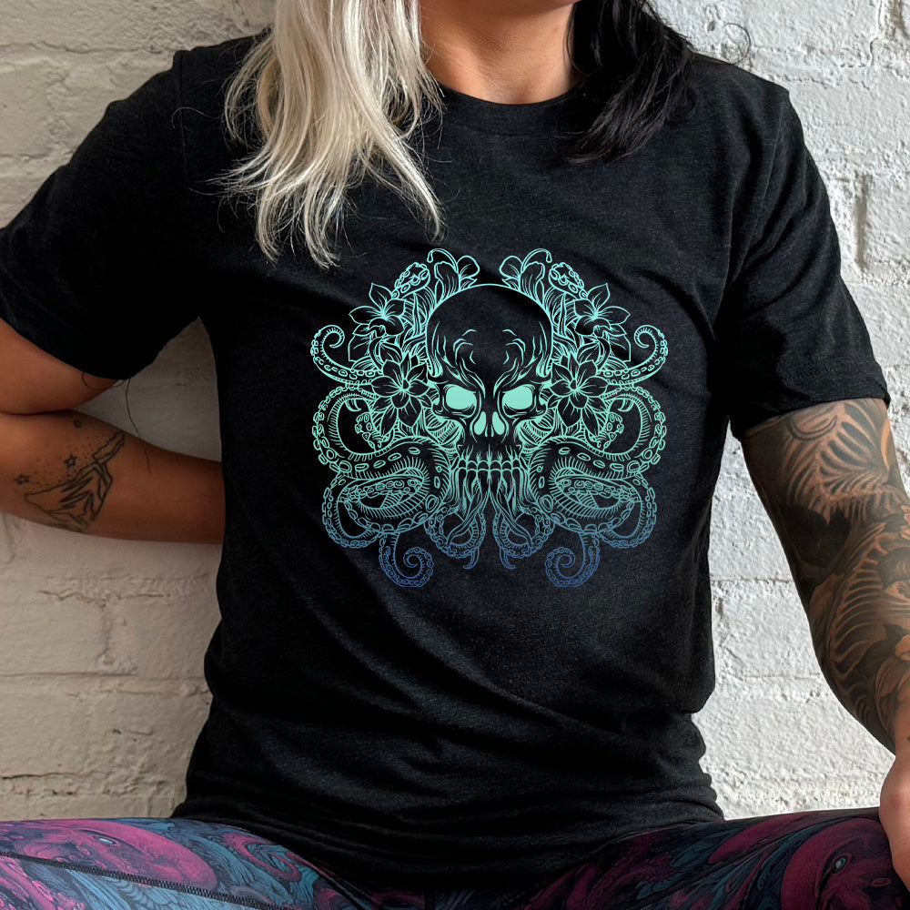 Black colored shirt with a octopus skull graphic on it