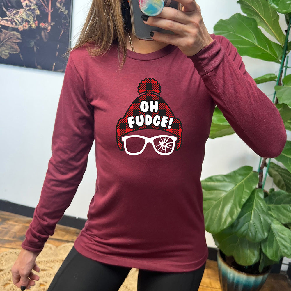 heather cardinal long sleeve shirt with the text "Oh Fudge" on it and the graphic of a checkered hat and glasses with one of the lenses cracked
