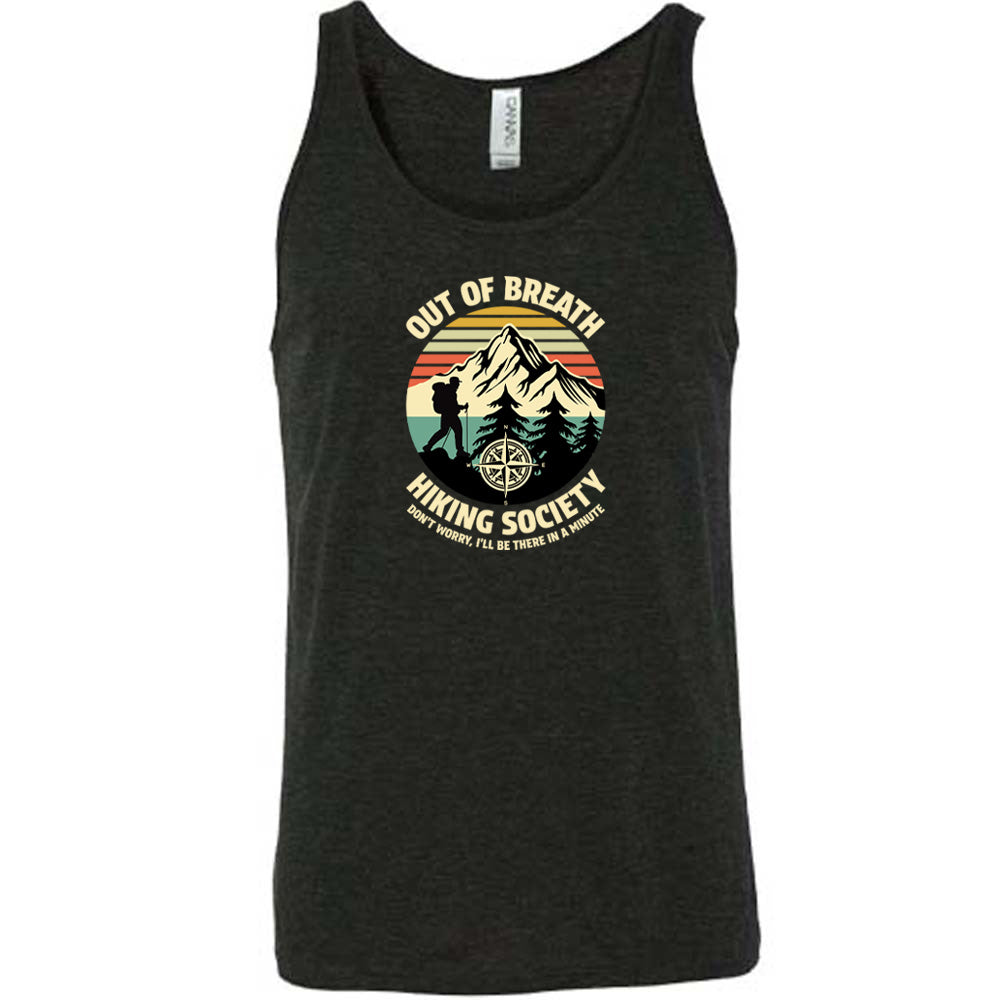 Black colored tank with a hiker and mountain graphic on it that says "Out Of Breath Hiking Society"