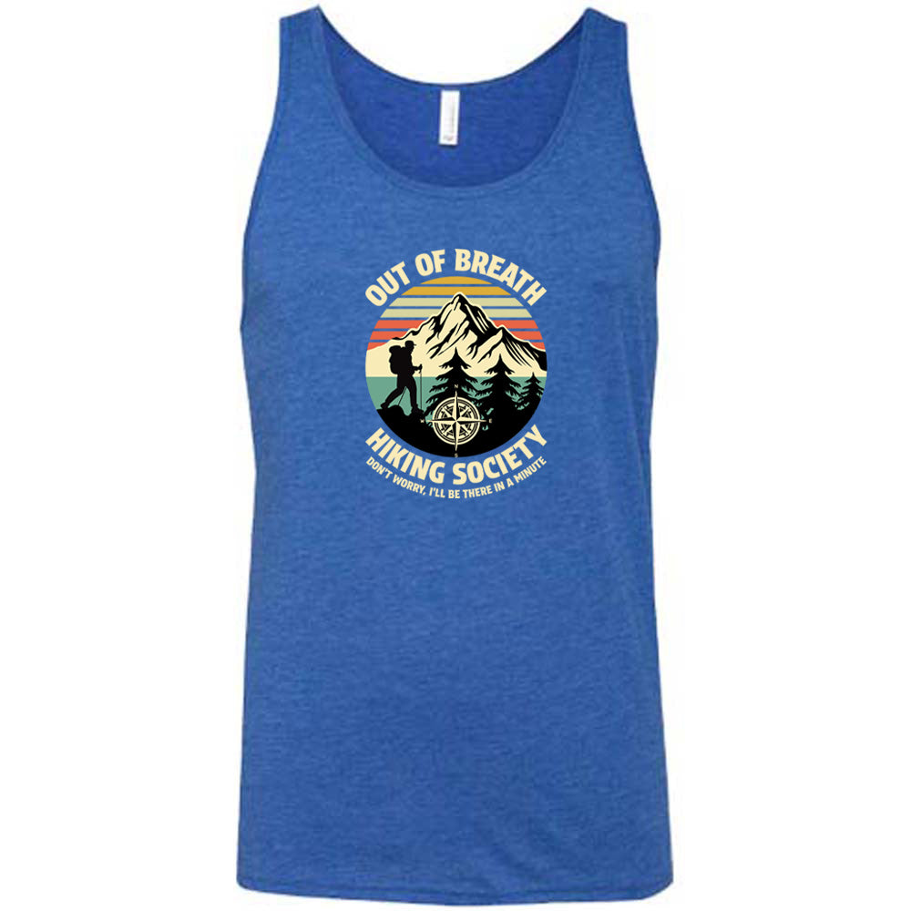 Blue colored tank with a hiker and mountain graphic on it that says "Out Of Breath Hiking Society"