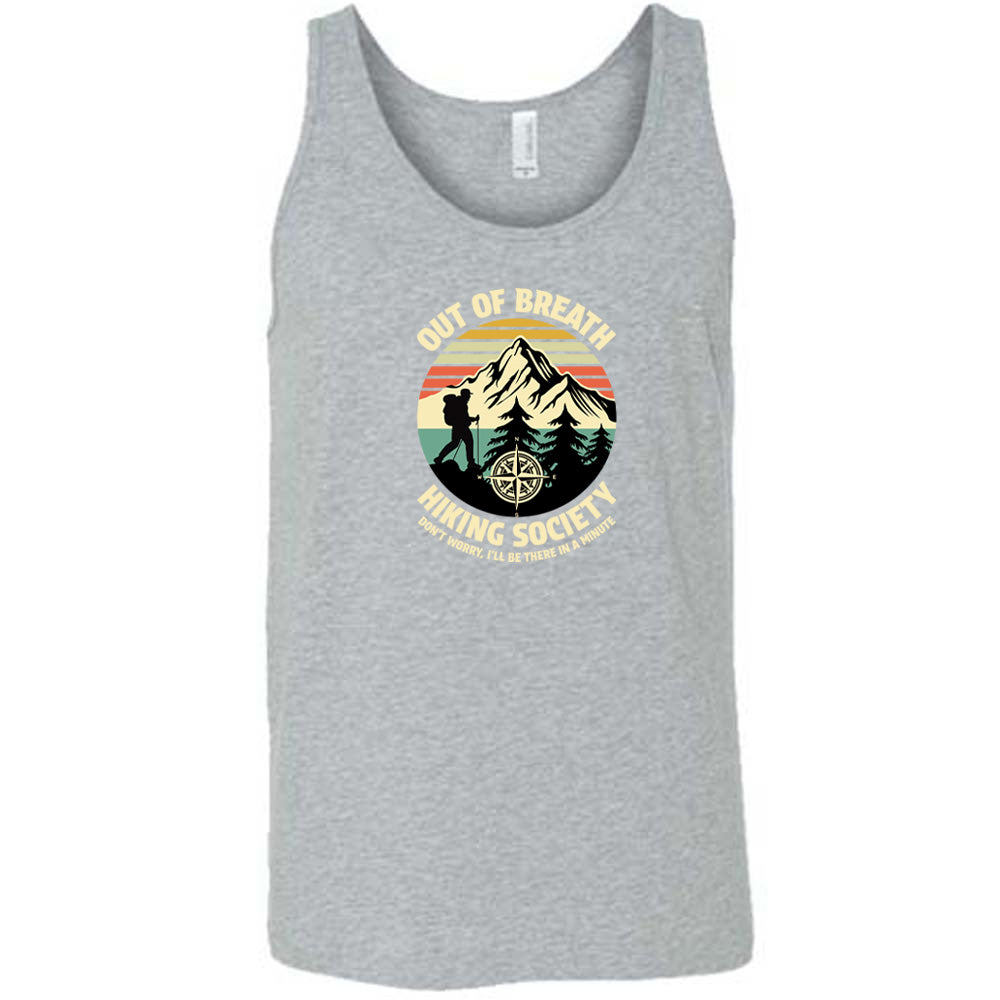 Grey colored tank with a hiker and mountain graphic on it that says "Out Of Breath Hiking Society"