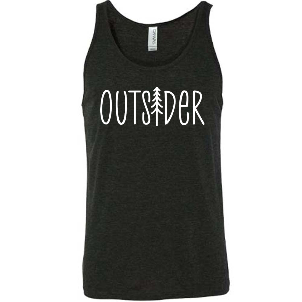 Black colored tank with a tree graphic on it that says "Outsider"