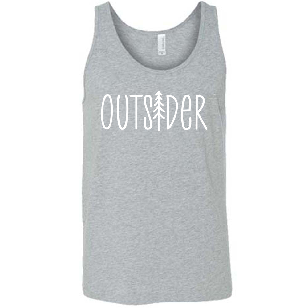Grey colored tank with a tree graphic on it that says "Outsider"