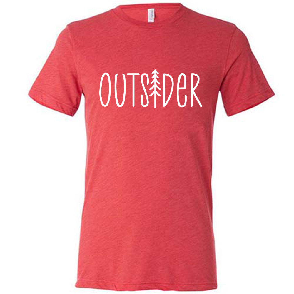 Red colored shirt with a tree graphic on it that says "Outsider"