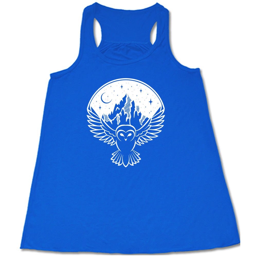 Blue colored flowy tank with night sky owl and mountain graphic on it