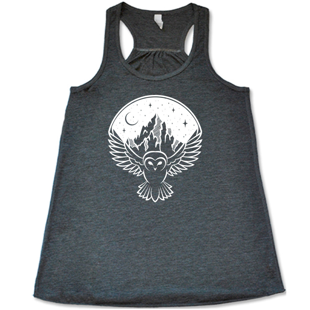 Grey colored flowy tank with night sky owl and mountain graphic on it