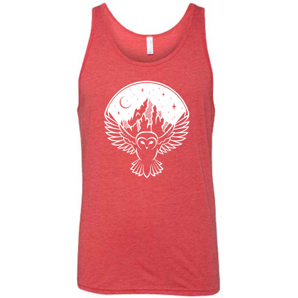 Red colored tank with night sky owl and mountain graphic on it