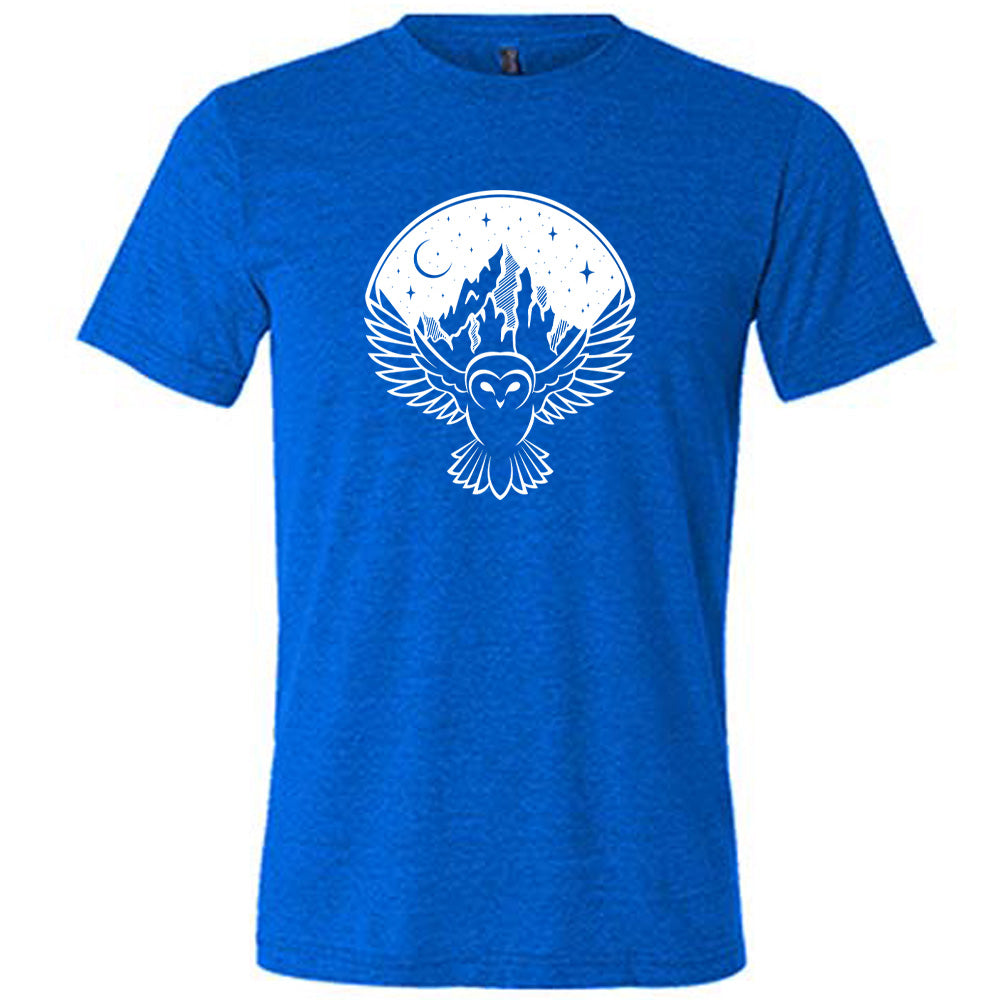 Bue colored shirt with night sky owl and mountain graphic on it