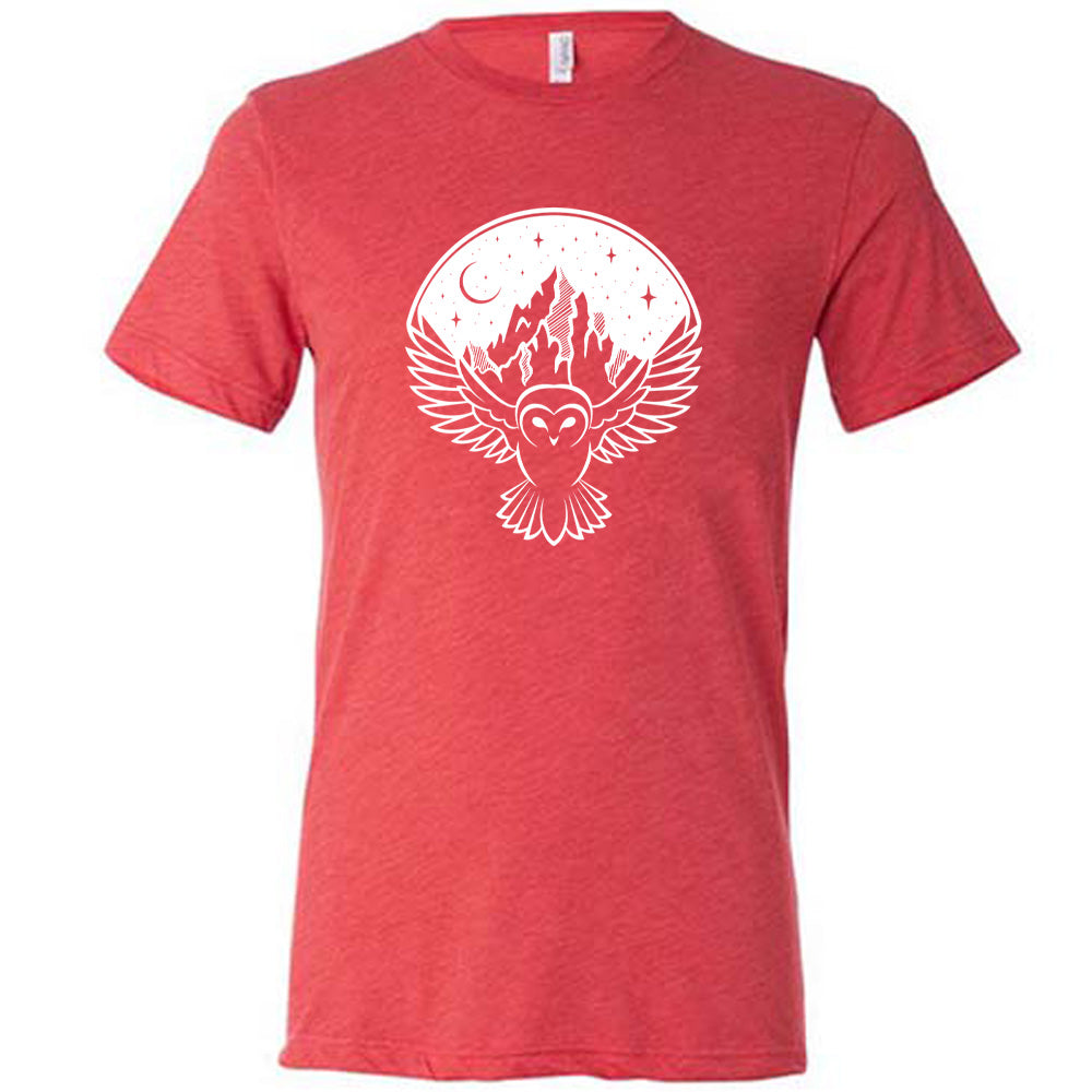 Red colored shirt with night sky owl and mountain graphic on it