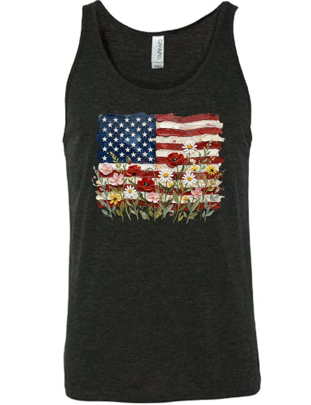 black unisex tank with the graphic of an American flag with flowers in front of it, with the style of the graphic looking made of oil paint