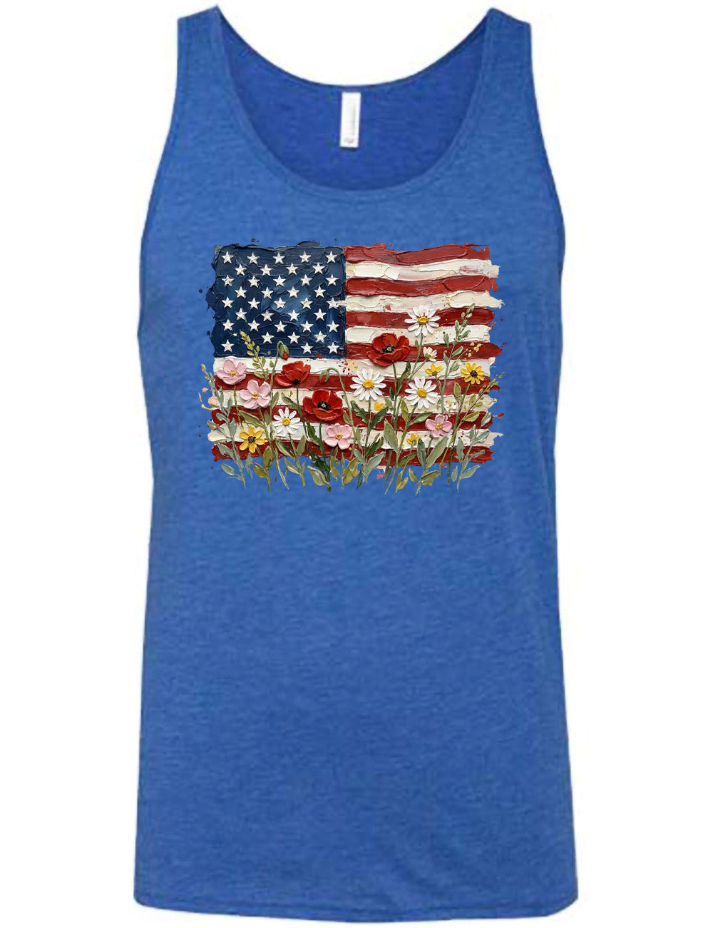 blue unisex tank with the graphic of an American flag with flowers in front of it, with the style of the graphic looking made of oil paint
