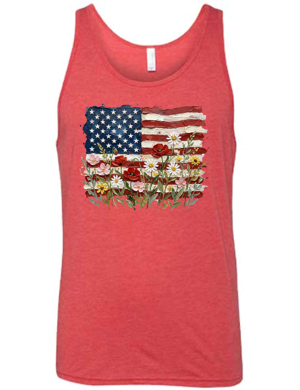 red unisex tank with the graphic of an American flag with flowers in front of it, with the style of the graphic looking made of oil paint