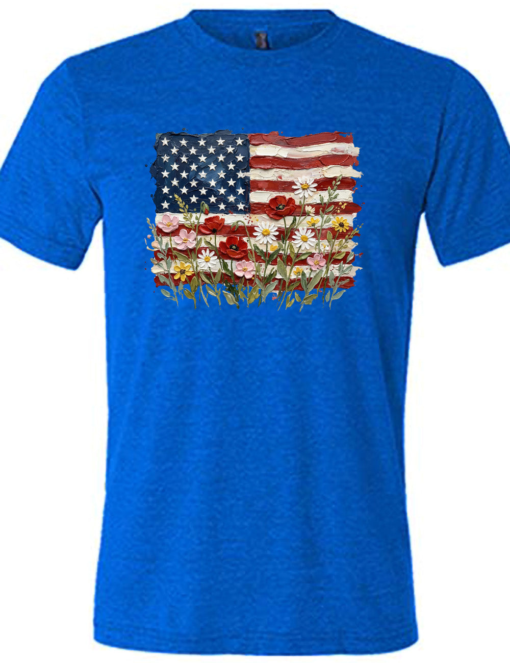 blue unisex tee with the graphic of an American flag with flowers in front of it, with the style of the graphic looking made of oil paint