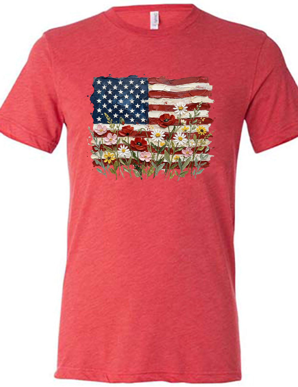 red unisex tee with the graphic of an American flag with flowers in front of it, with the style of the graphic looking made of oil paint