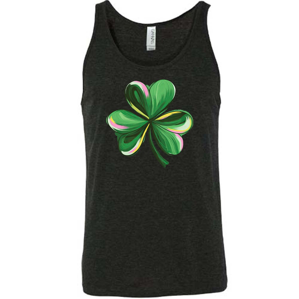 black shirt with a painted shamrock graphic on it