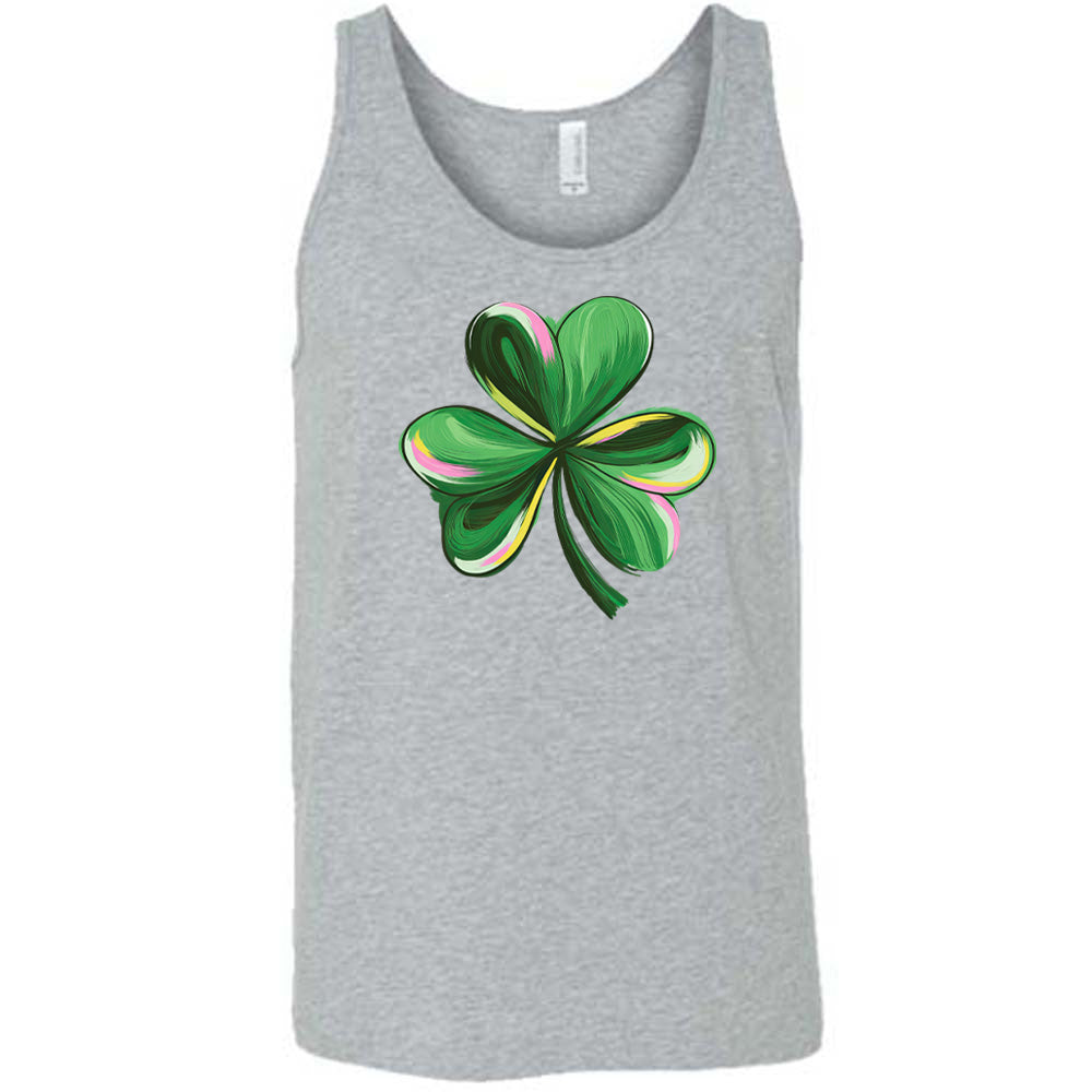 grey shirt with a painted shamrock graphic on it