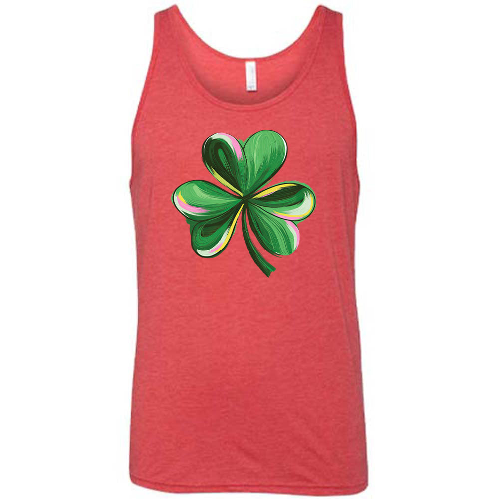 red shirt with a painted shamrock graphic on it