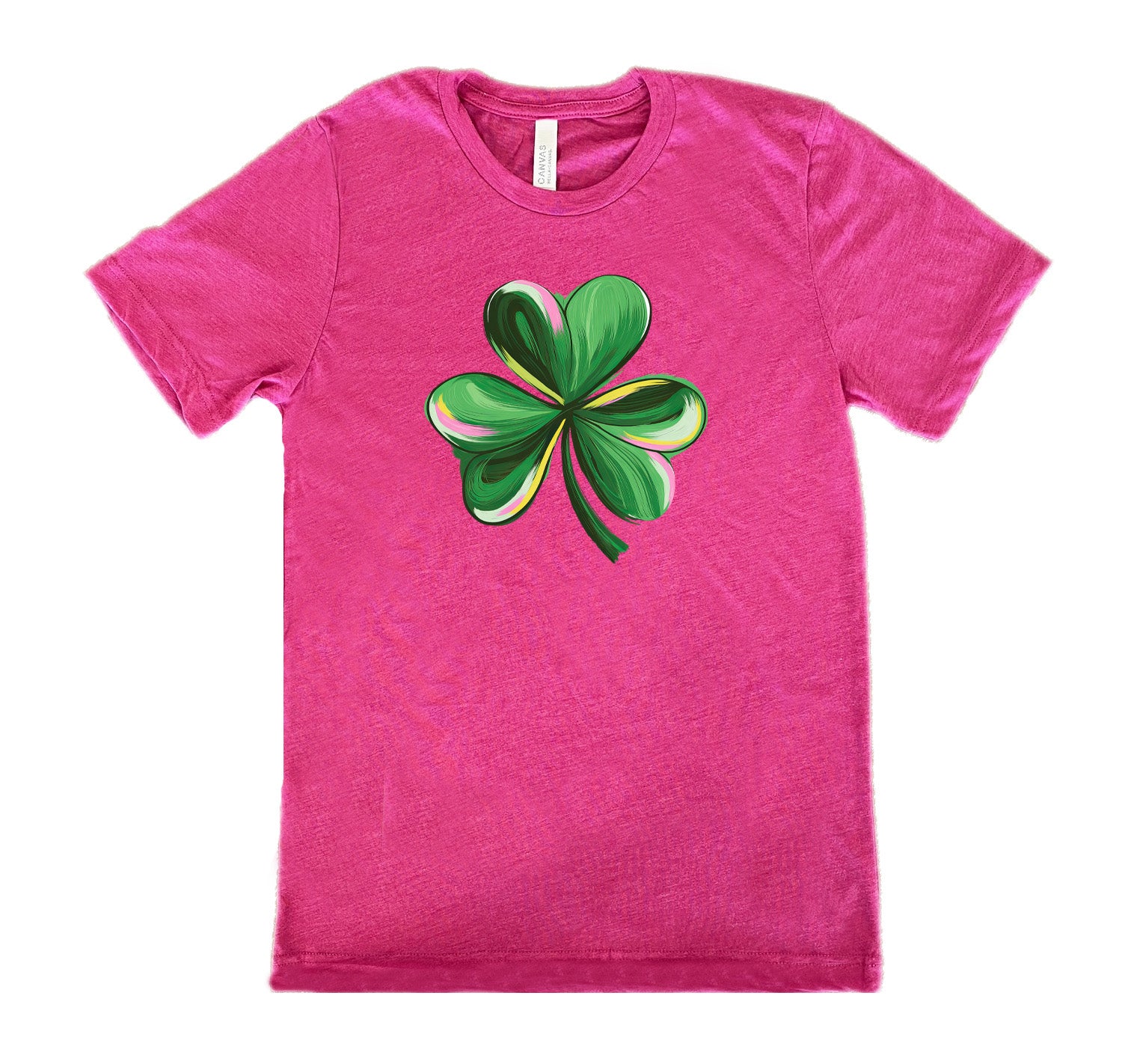 berry shirt with a painted shamrock graphic on it