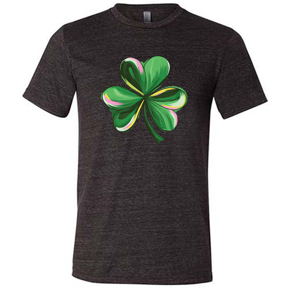 black shirt with a painted shamrock graphic on it