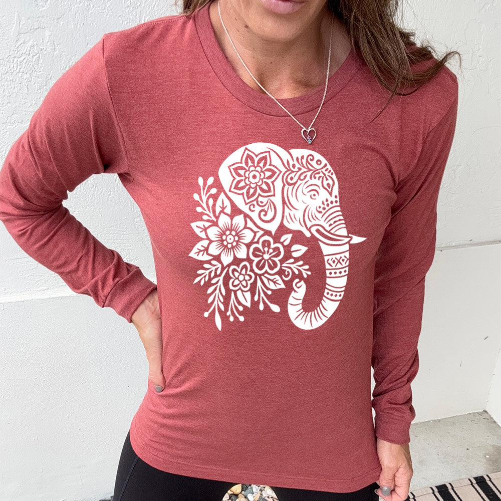 heather clay long sleeve tee with the large graphic of the profile of an elephant's head, with flowers for a torso, and patterns lining its truck and flowers patterned into its ear and forehead