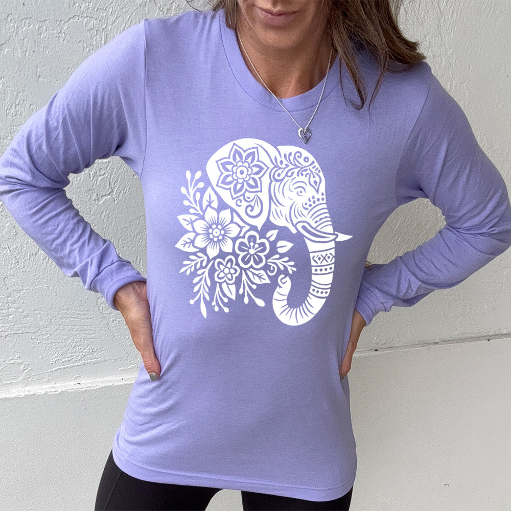 heather dark lavender long sleeve tee with the large graphic of the profile of an elephant's head, with flowers for a torso, and patterns lining its truck and flowers patterned into its ear and forehead