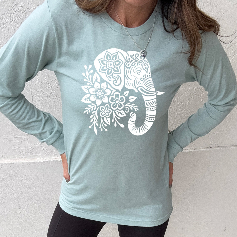 heather dusty blue long sleeve tee with the large graphic of the profile of an elephant's head, with flowers for a torso, and patterns lining its truck and flowers patterned into its ear and forehead
