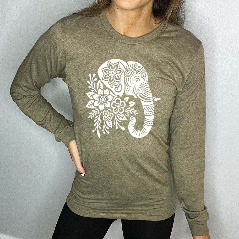 heather olive long sleeve tee with the large graphic of the profile of an elephant's head, with flowers for a torso, and patterns lining its truck and flowers patterned into its ear and forehead