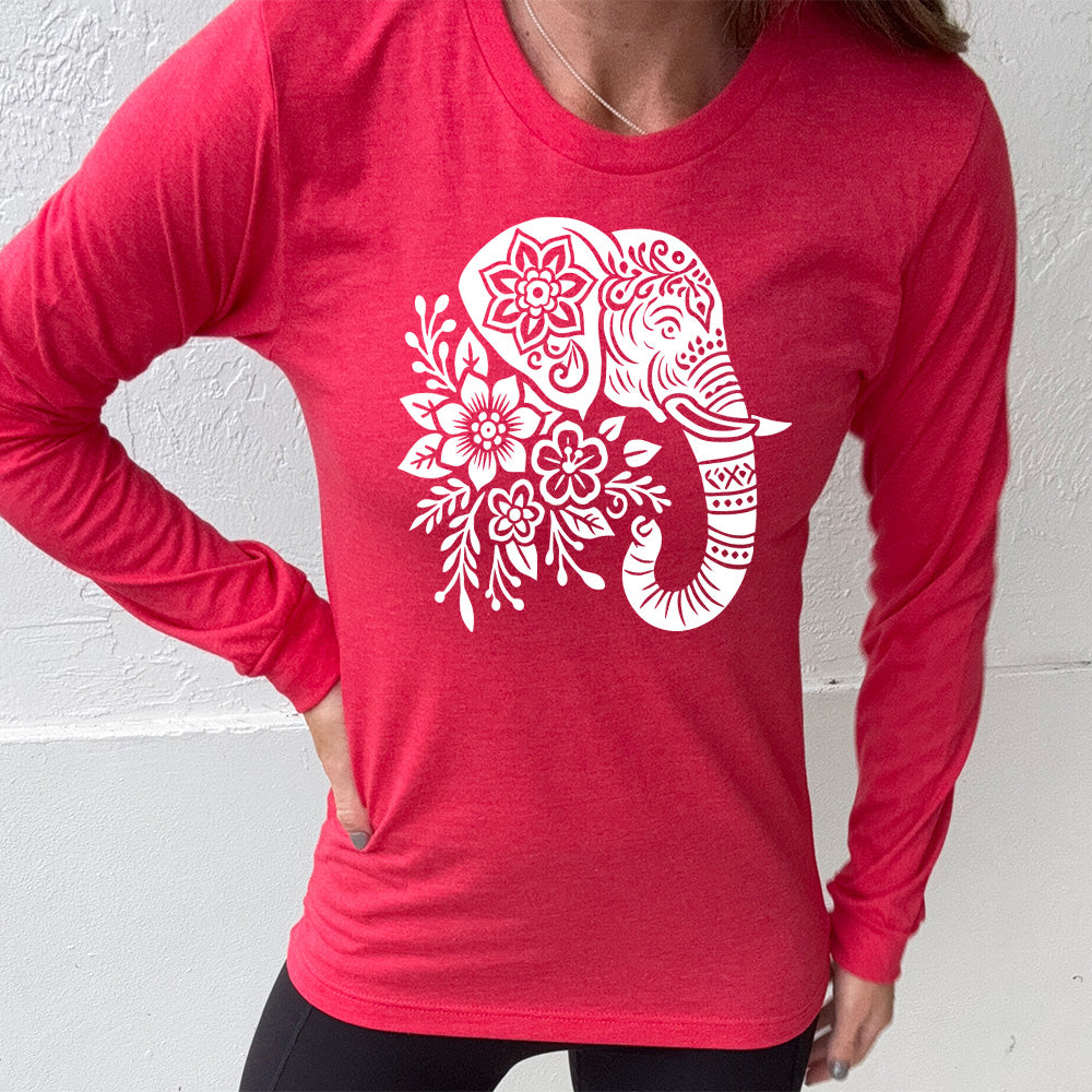 heather red long sleeve tee with the large graphic of the profile of an elephant's head, with flowers for a torso, and patterns lining its truck and flowers patterned into its ear and forehead