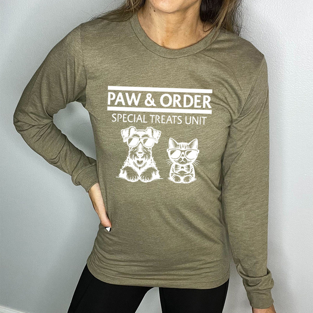 olive green shirt with the text "Paw & Order" and a graphic of a cat and dog on it