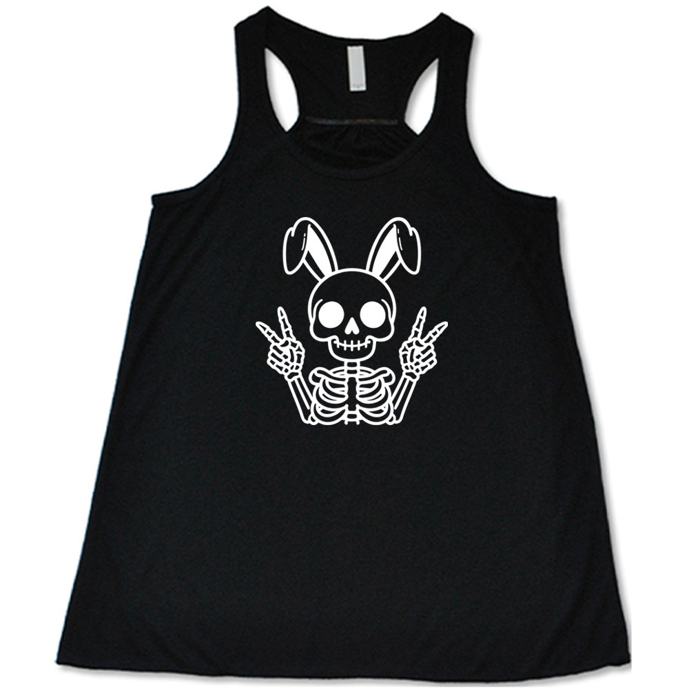 Black colored flowy tank with a skeleton bunny doing a peace sign graphic on it
