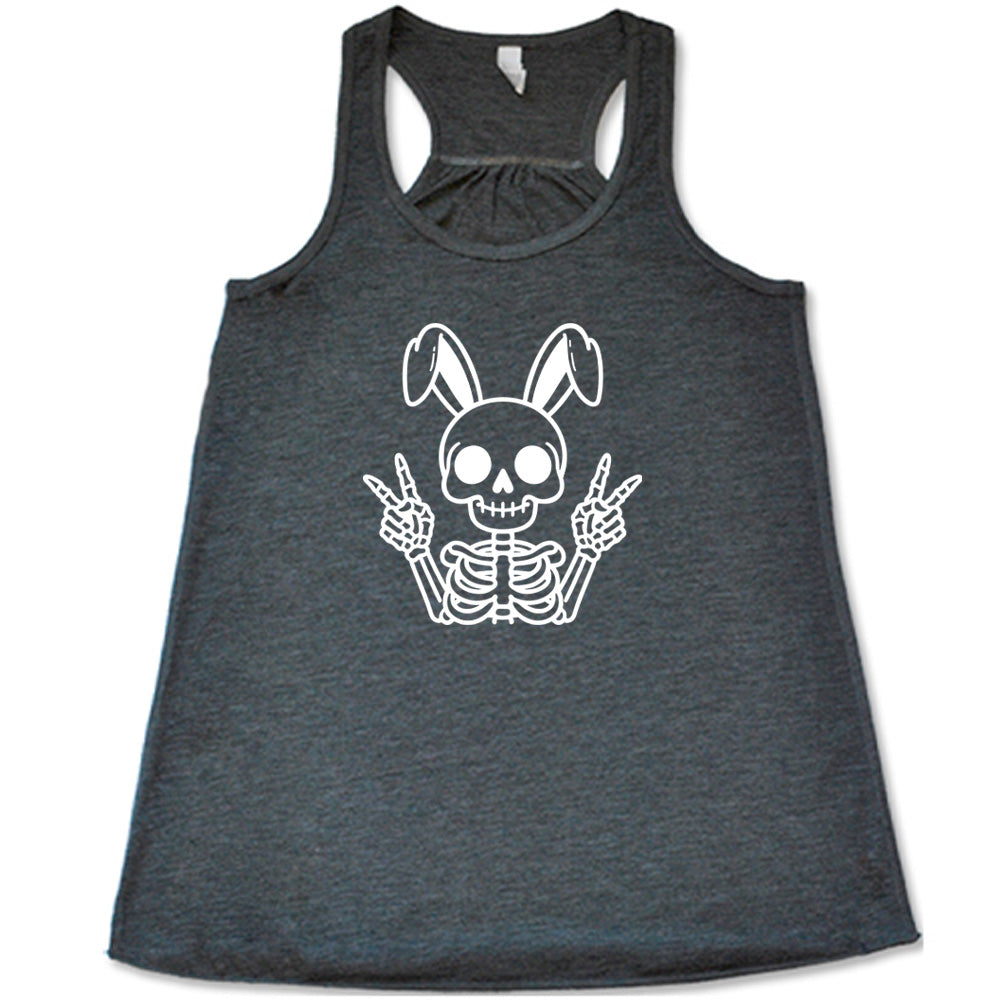 Grey colored flowy tank with a skeleton bunny doing a peace sign graphic on it