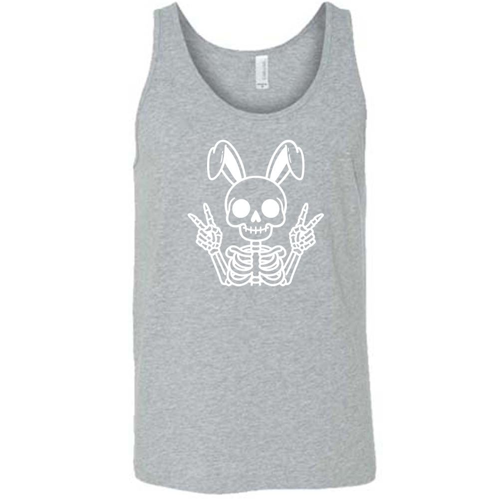 Grey colored tank with a skeleton bunny doing a peace sign graphic on it