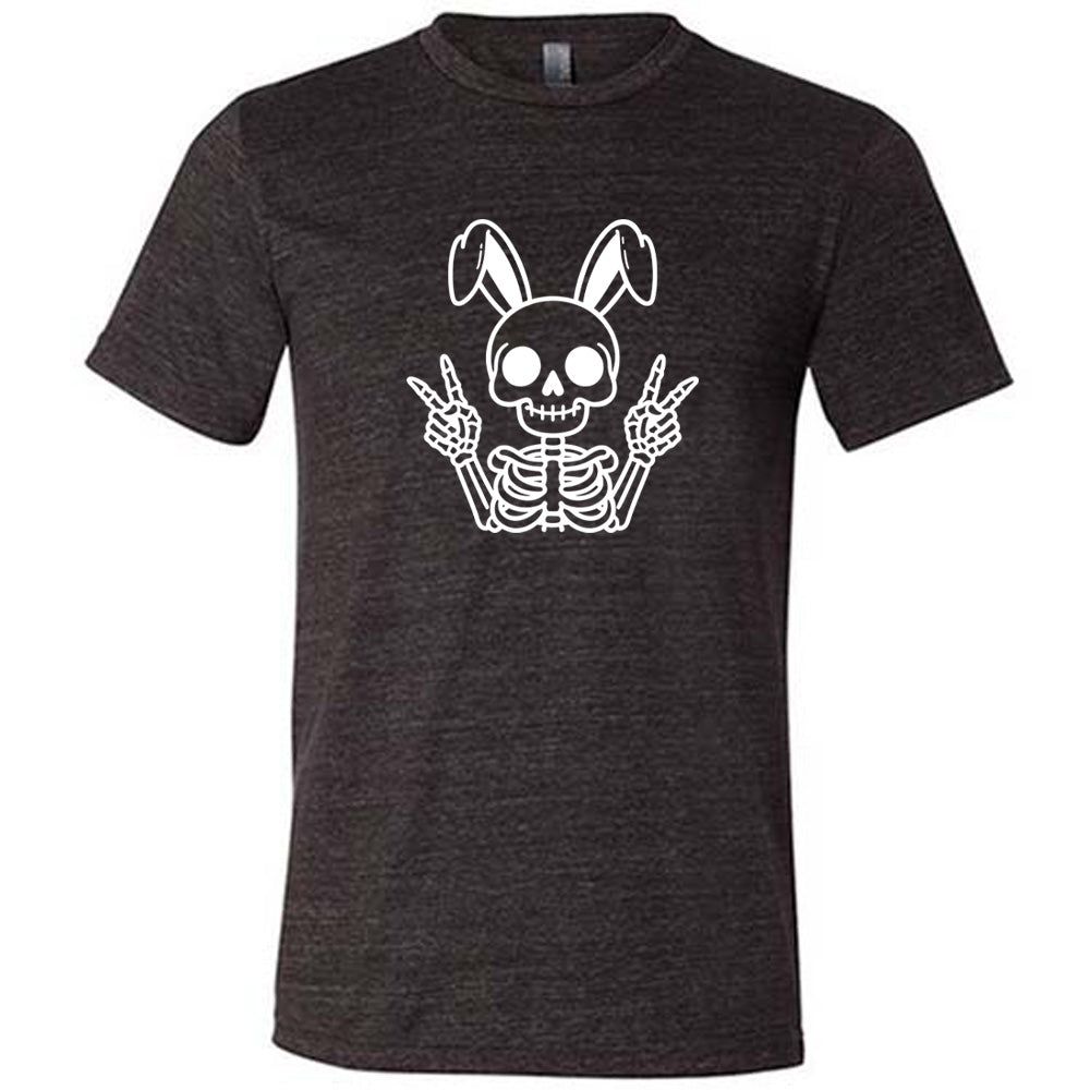 Black colored shirt with a skeleton bunny doing a peace sign graphic on it