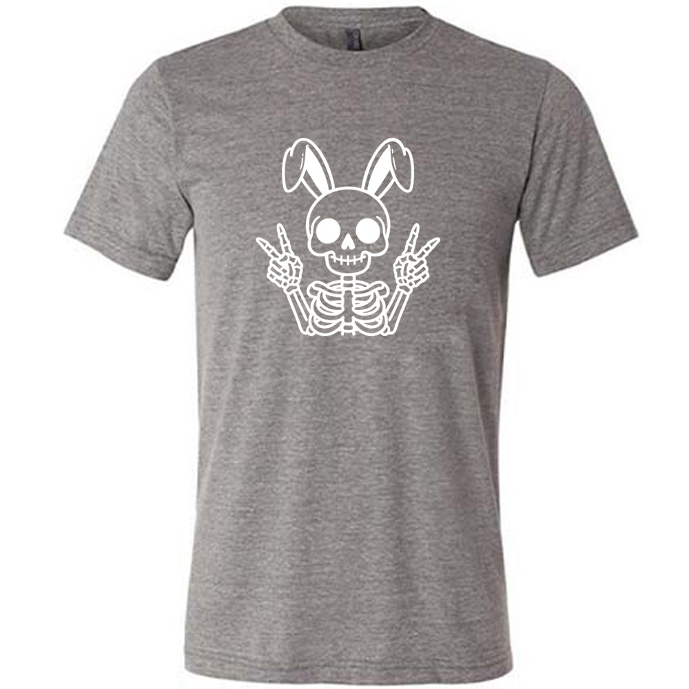 Grey colored shirt with a skeleton bunny doing a peace sign graphic on it