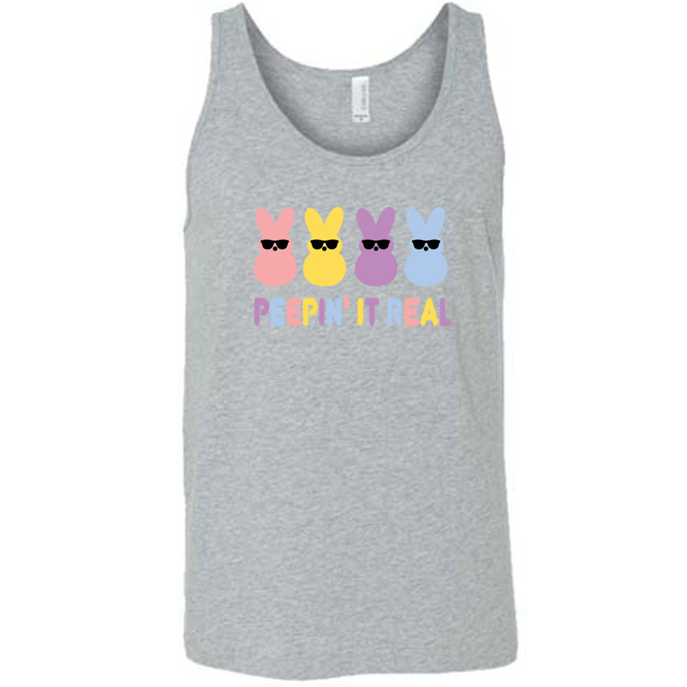 Grey colored tank with an Easter-colored bunnies graphic on it that says "Peepin it Real"