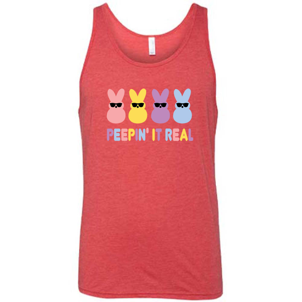 Red colored tank with an Easter-colored bunnies graphic on it that says "Peepin it Real"