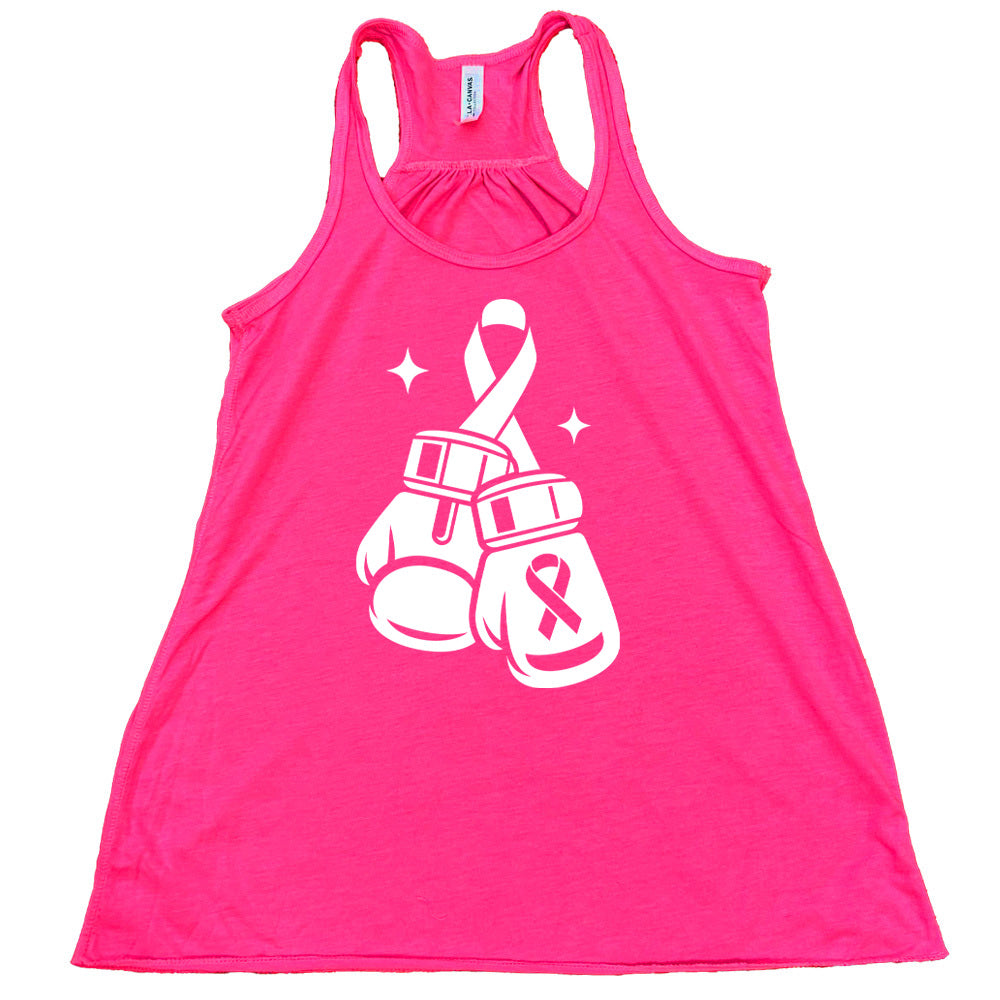 pink tank top with pink boxing gloves and breast cancer awareness design on a white background