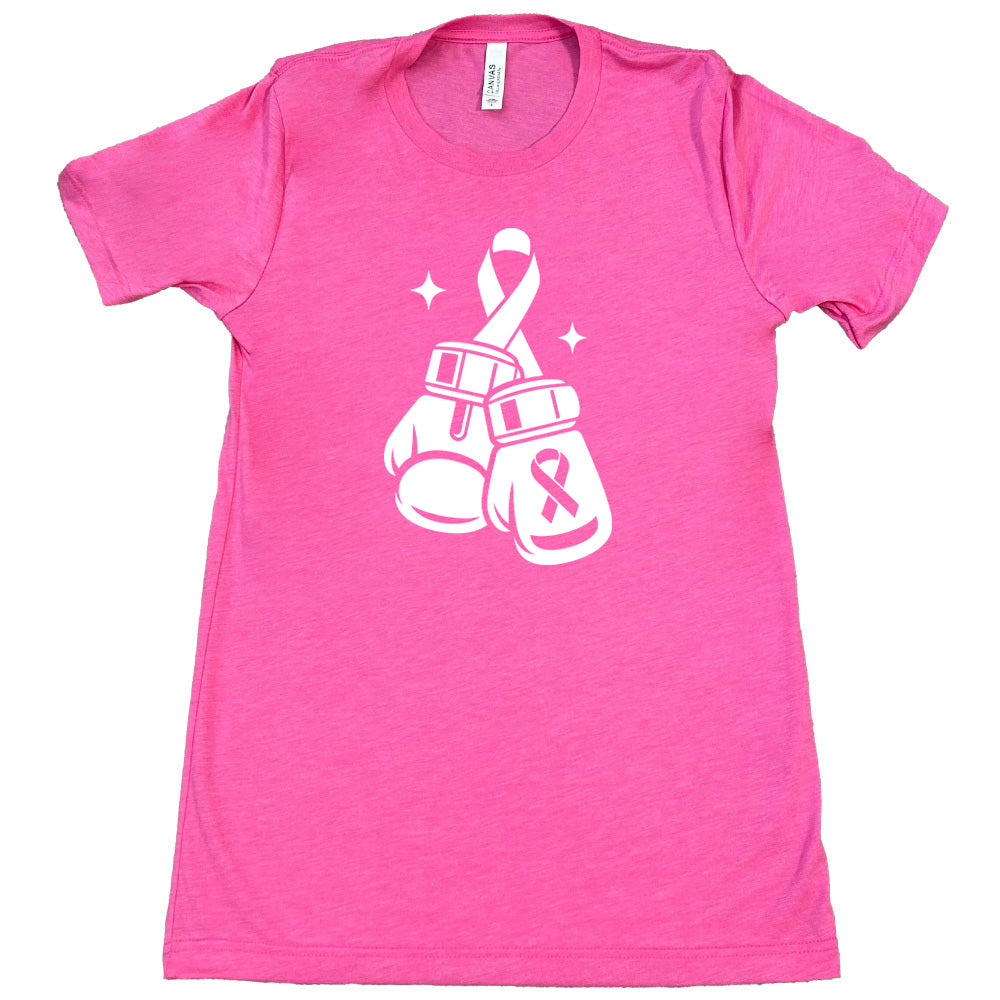 pink t-shirt with white boxing gloves and breast cancer awareness ribbon design on a white background