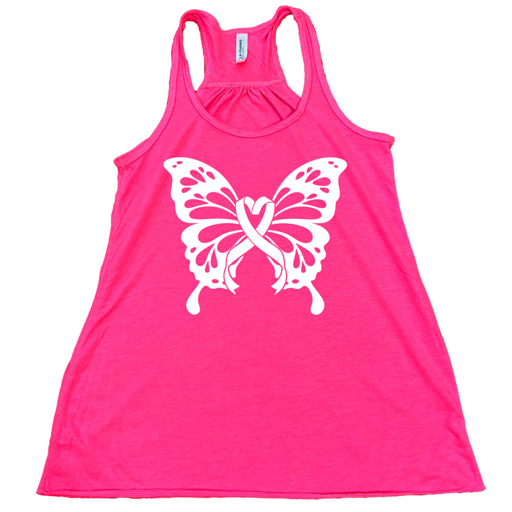 Pink tank top with a white butterfly design on a white background