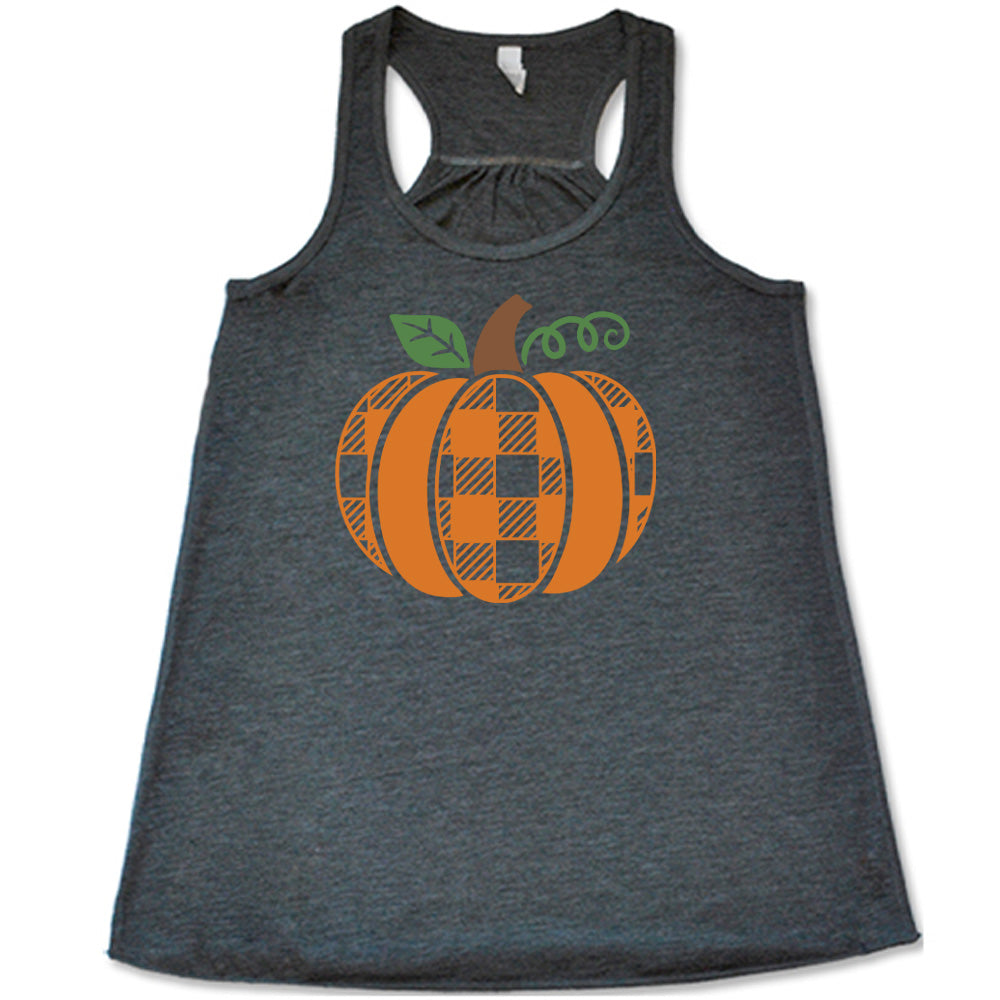 Grey colored flowy tank with plaid pumpkin graphic on it